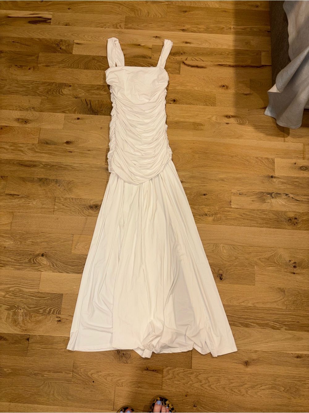 Ruched White Maxi Dress with Square Straps